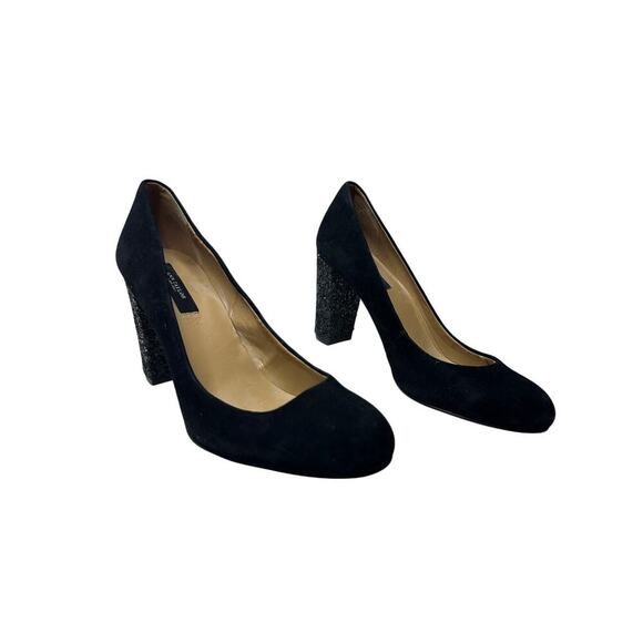 Ann Taylor Size 8 Black Suede Sparkle Glitter Block Heel Cocktail Office Party - Picture 2 of 11